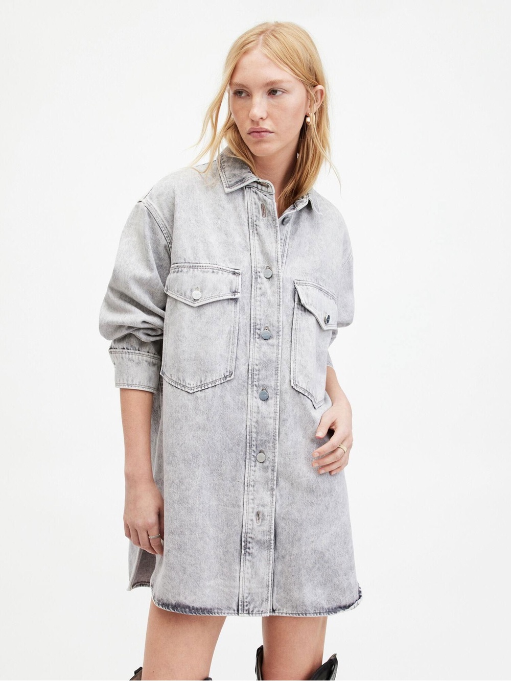 All Saints Washed Gray Oversized Denim Jacket